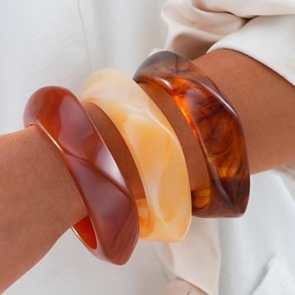 Set of 3 Chunky‎ Resin Bangle Bracelets Tortoiseshell Cream Amber Stackable Wave
